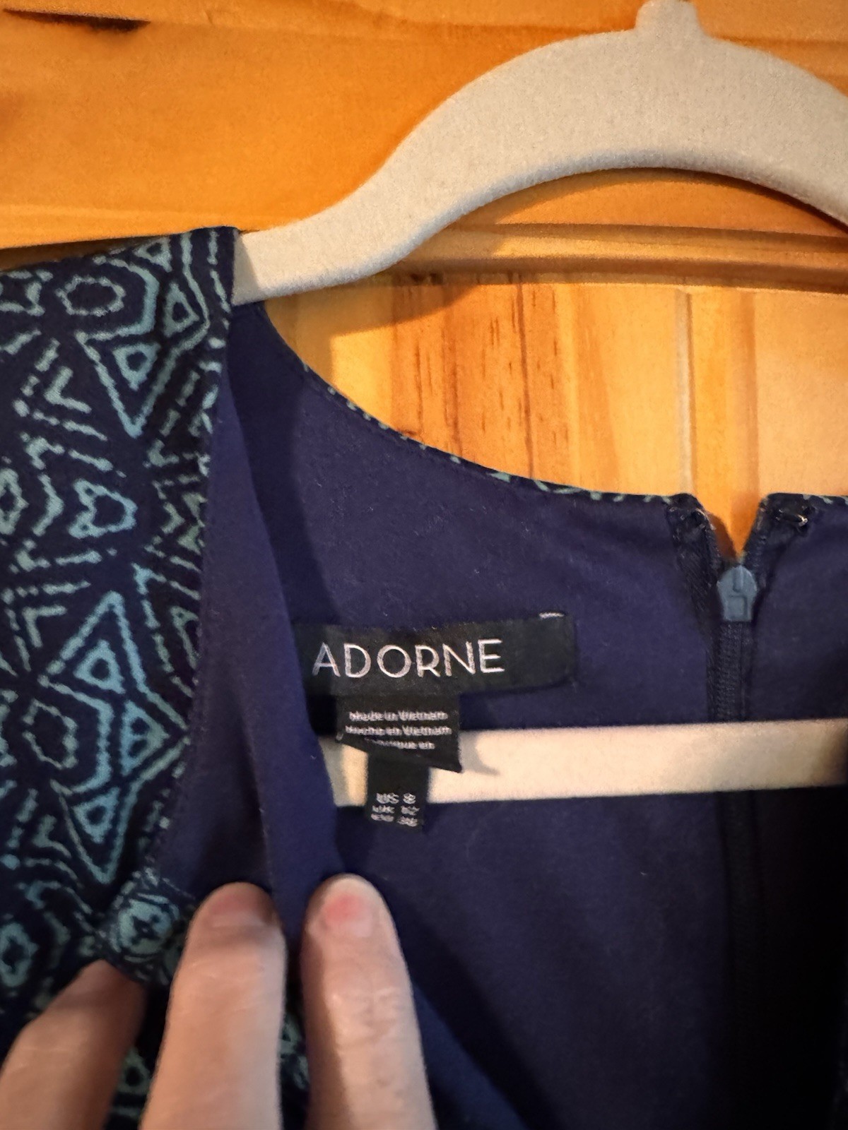 Adorne Navy Teal Geometric Sheath Dress Sleeveless Zip Size 8 Knee Length