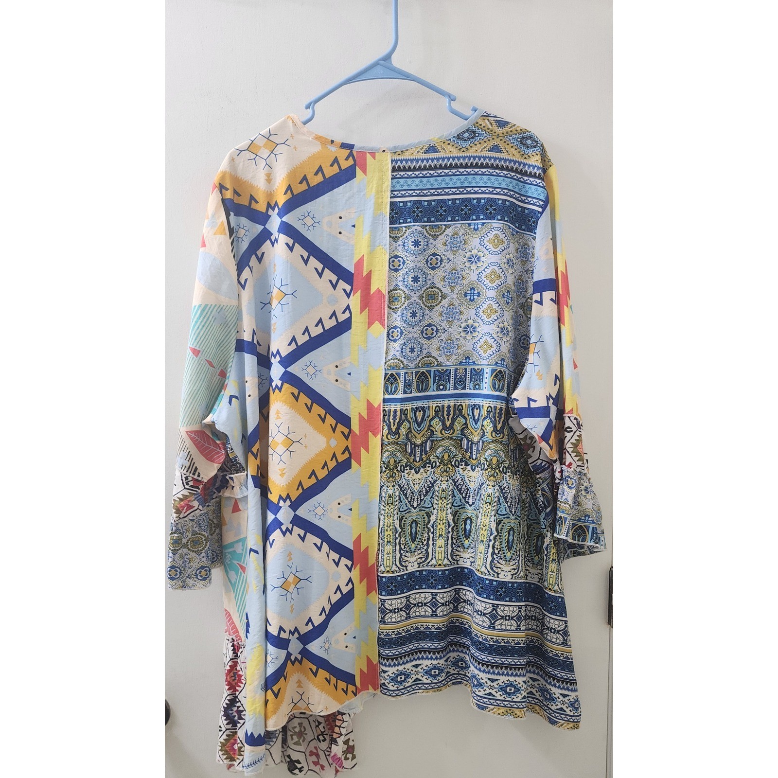 Calesa Mixed Print Patchwork Ruffle Tunic Top Multi-Color Boho Asymmetrical L