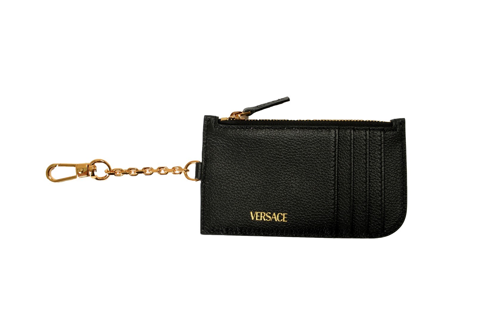 Versace Black 100% Textured Leather Gold Medusa Head Card Case Keychain