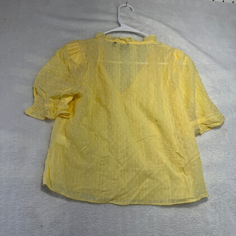 1 STATE Women’s Yellow XS Swiss Dot Ruffle Tie V-Neck Puff Sleeve Top