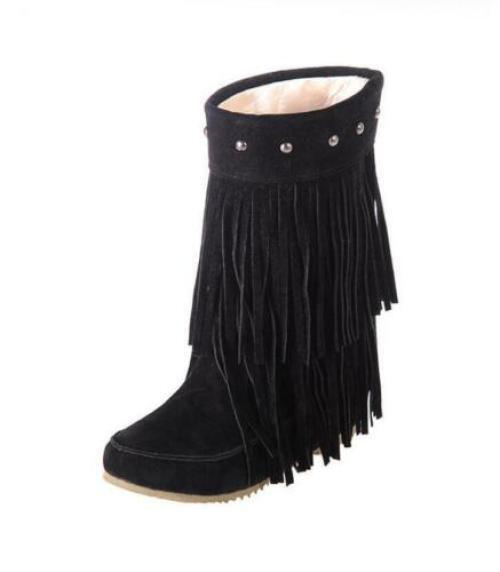 Fringes Womens Rivet Tassel Round Toe Hidden Wedge Mid Calf Boots Pull on Shoes