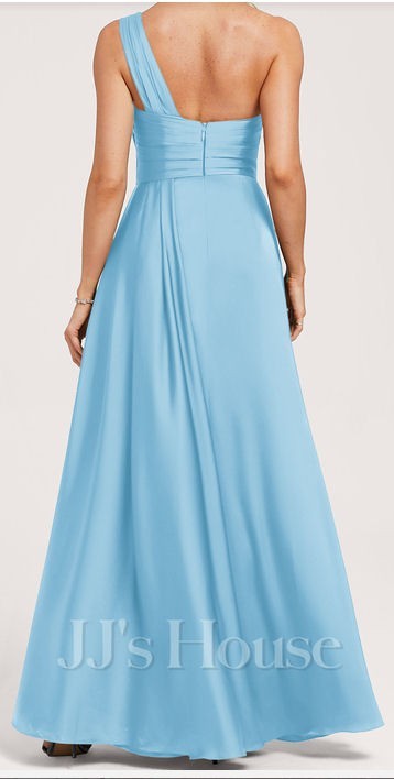 JJ’s House Odetta A-Line 1-Shoulder Ruffle Satin Maxi Dress Gown – Lt Blue – 10