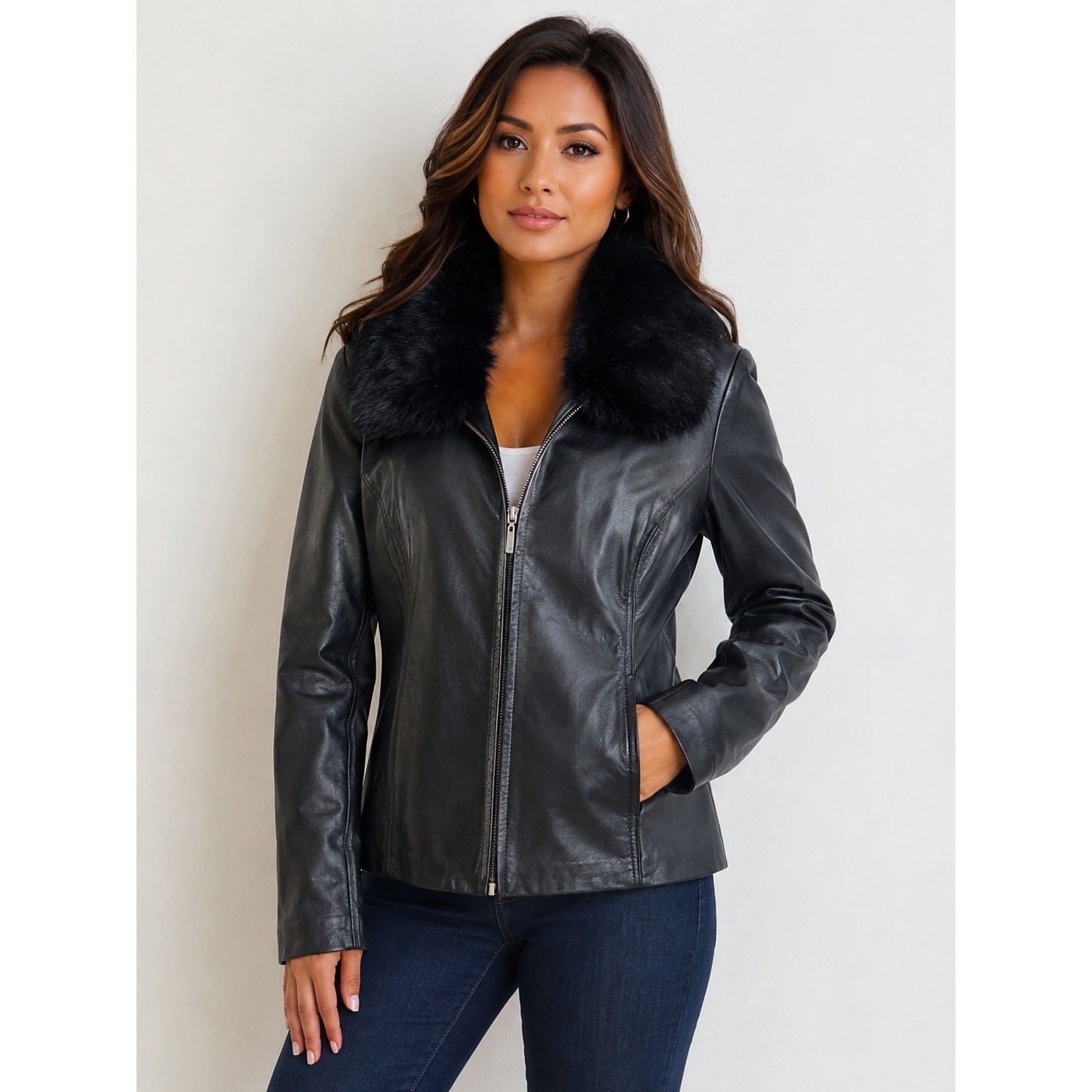 Apt. 9 SZ M 100% Soft Lambs Leather Removal Angora Fur Collar Zip Front Pockets