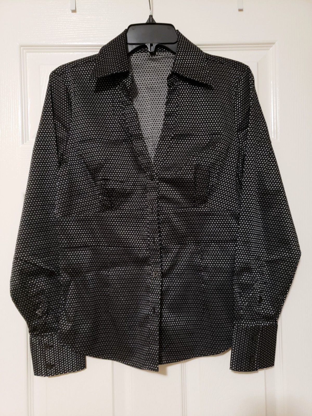 VTG Express MD Black & Silver Cinched Waist Button Up Dress Shirt | Y2K Fashion