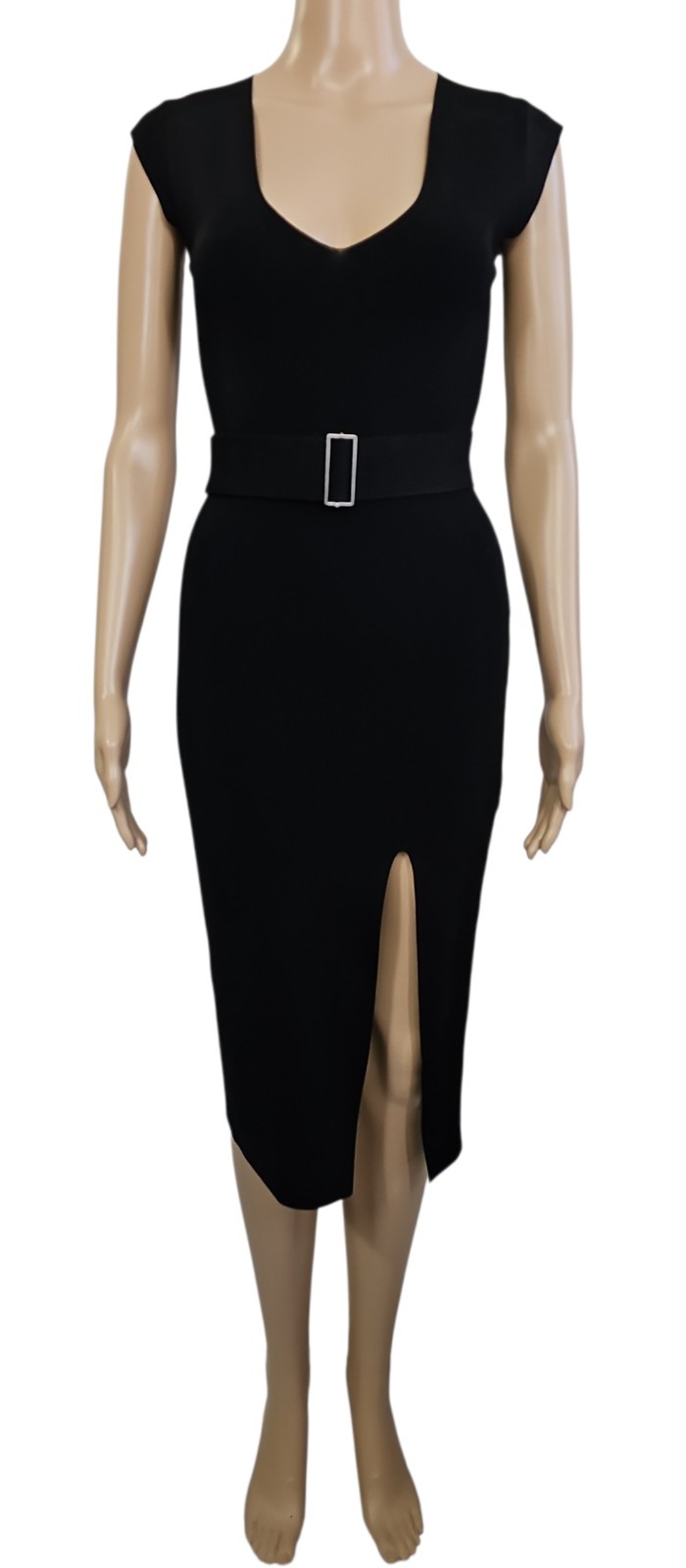 BABATON Black V Neck Cap Sleeve Belted High Slit Midi Bodycon Sheath Dress XS