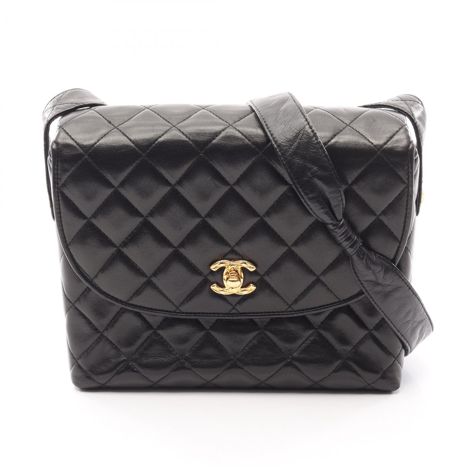 CHANEL Matelasse Crossbody Shoulder Bag Lambskin Black GHW Used Women