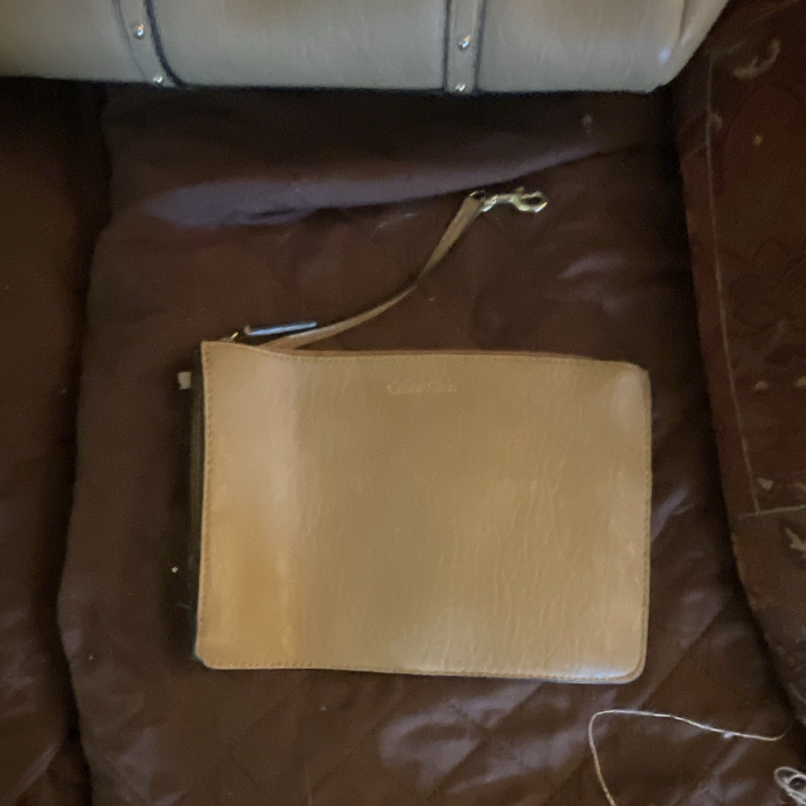 Calvin Klein Large Beige Pebbled Tote Bag Studded Grommet Accents pockets.