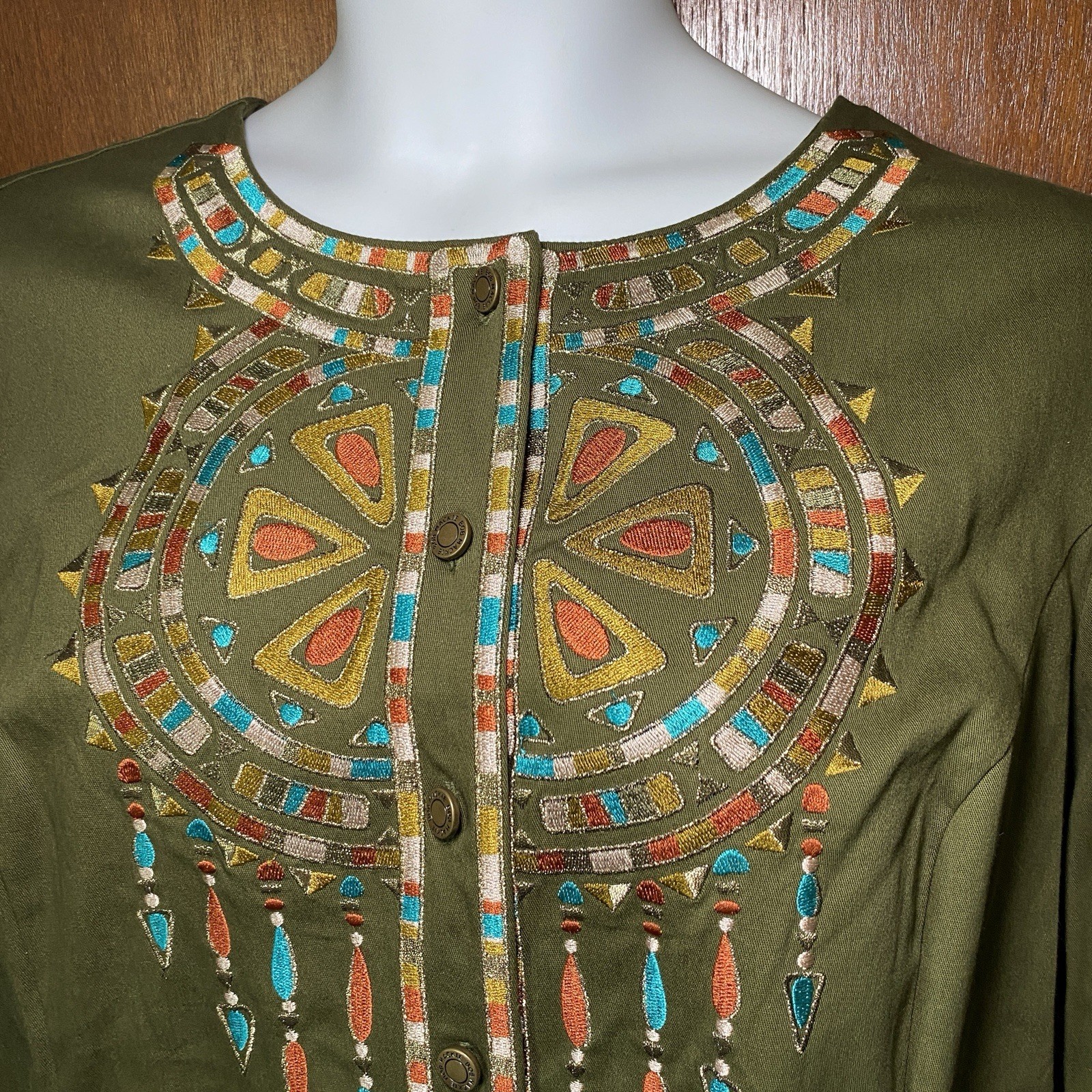 Bob Mackie Wearable Art Embroidered Southwestern Aztec Cotton Green Top 2X