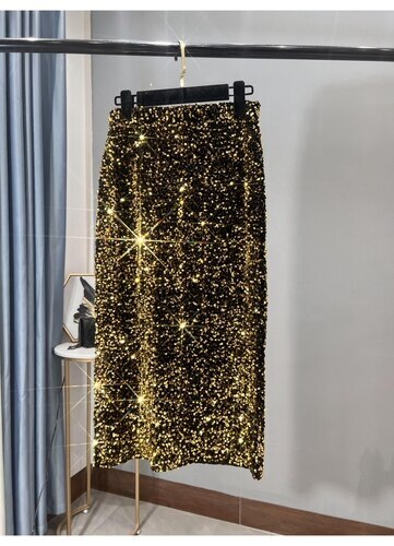 Thickened High-waisted Slim,Versatile Mid-length Skirt SequinSkirt