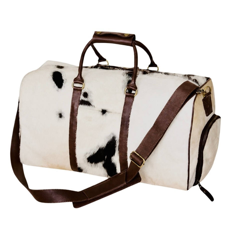 Cowhide Leather Hair On Duffel Weekender Luggage Bag Travel Overnight Gym Bag