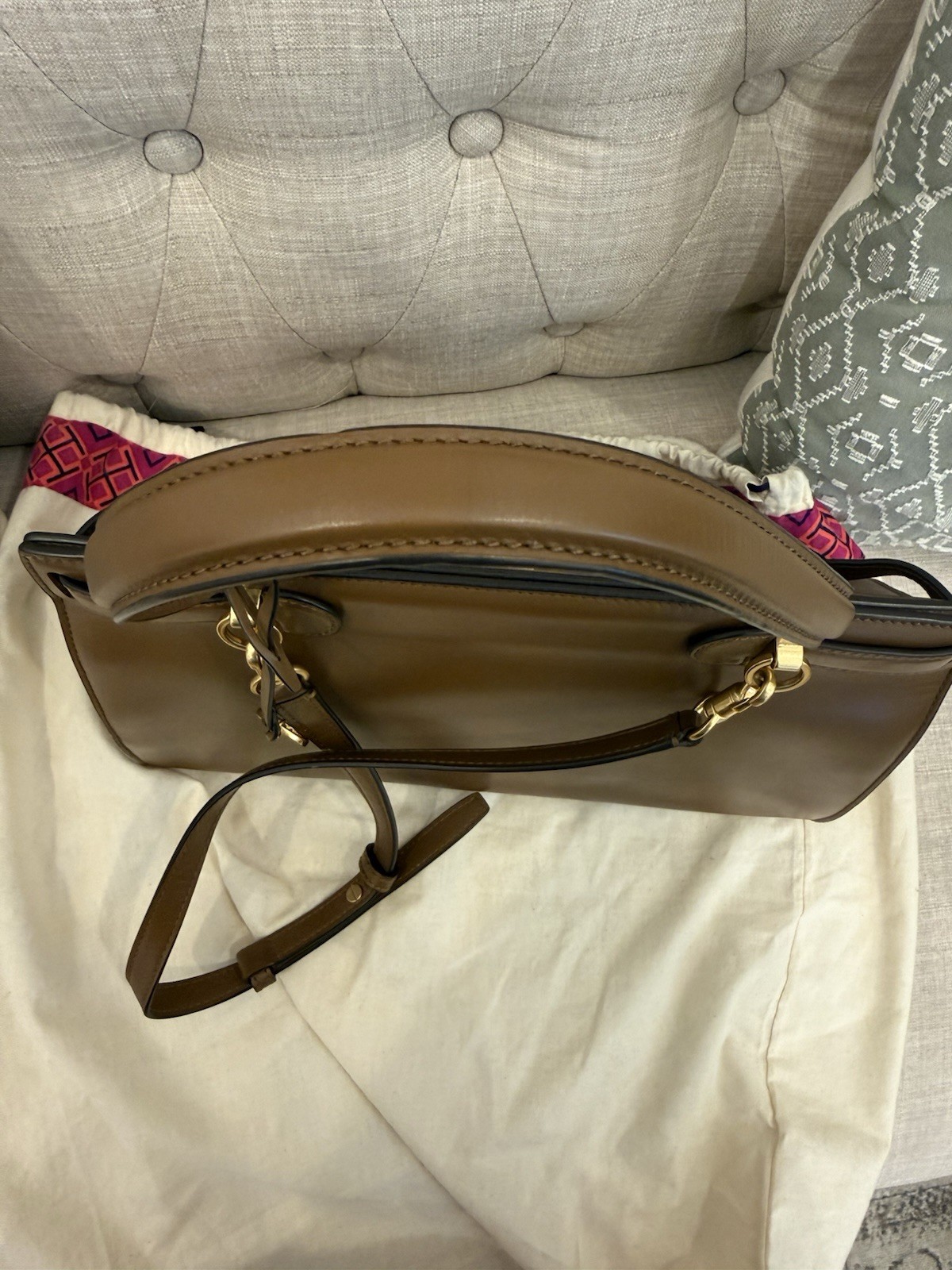 Tory Burch Lee Radziwill Leather Top Handle Satchel-Large in Moose w gold HW