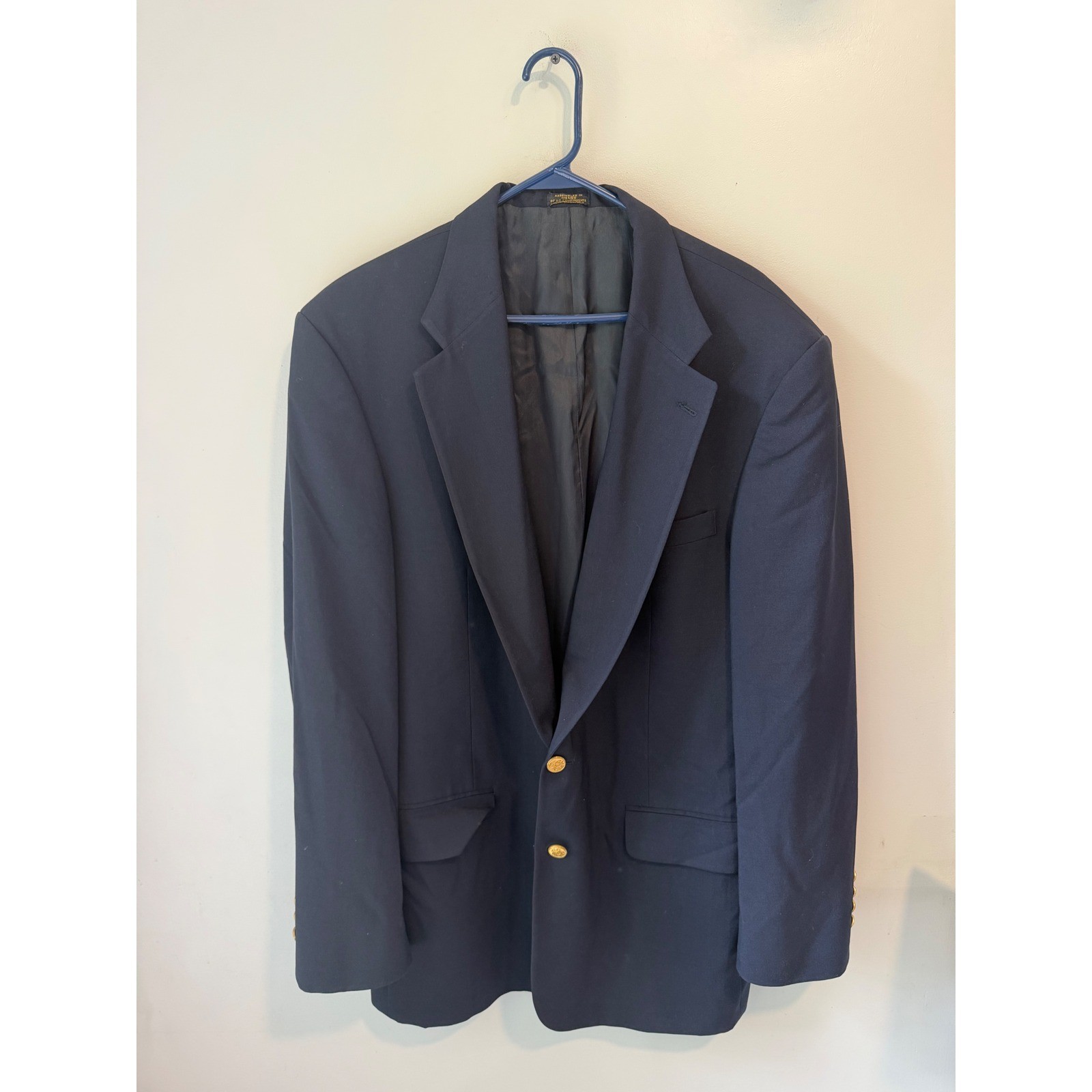 Deansgate Tailors Row Mens 44L Navy Blue Worsted Wool Blazer Gold Crest Button