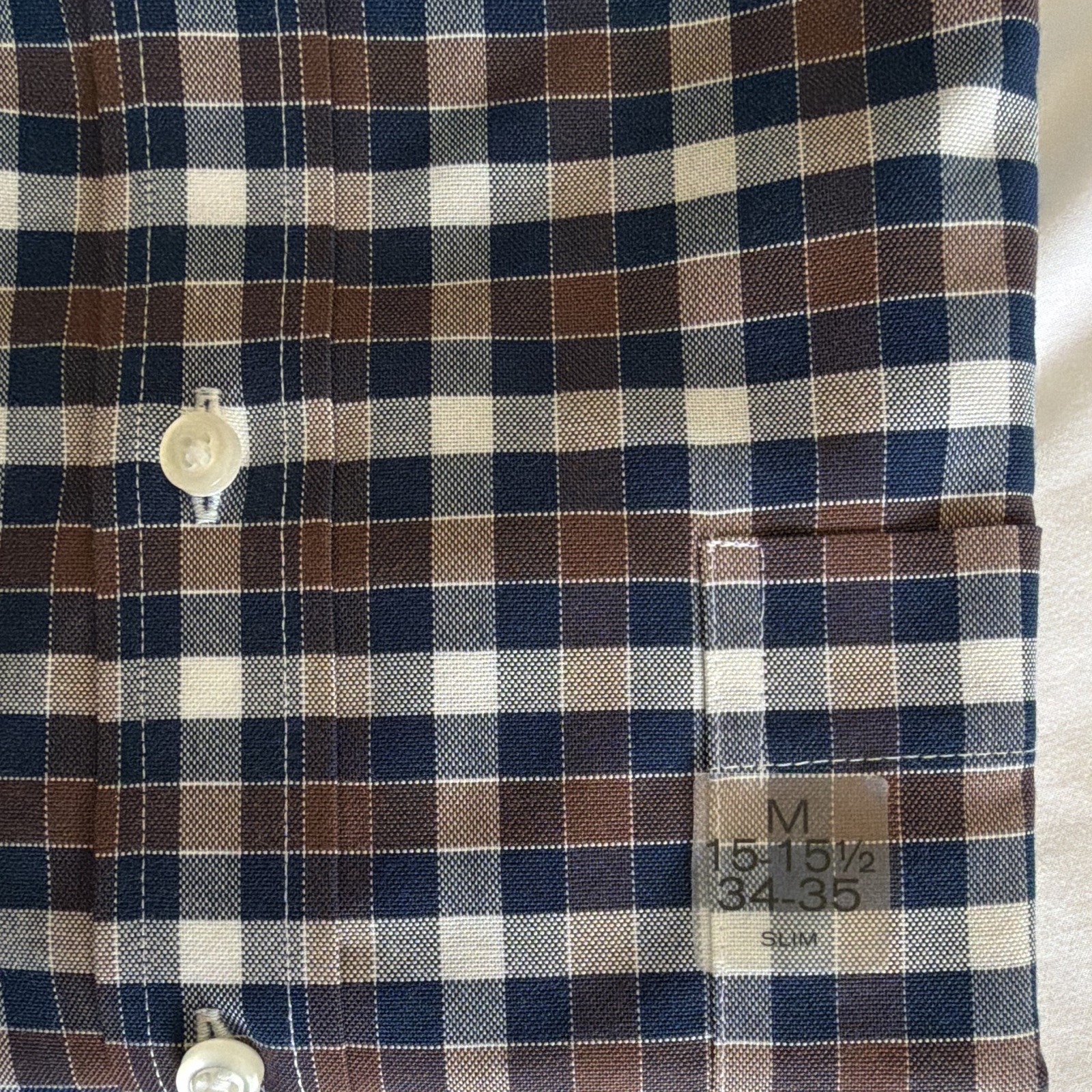 Stafford Oxford CoolMax EcoMade Slim Plaid Dress Shirt Blue/Brown 15-15.5 34-35