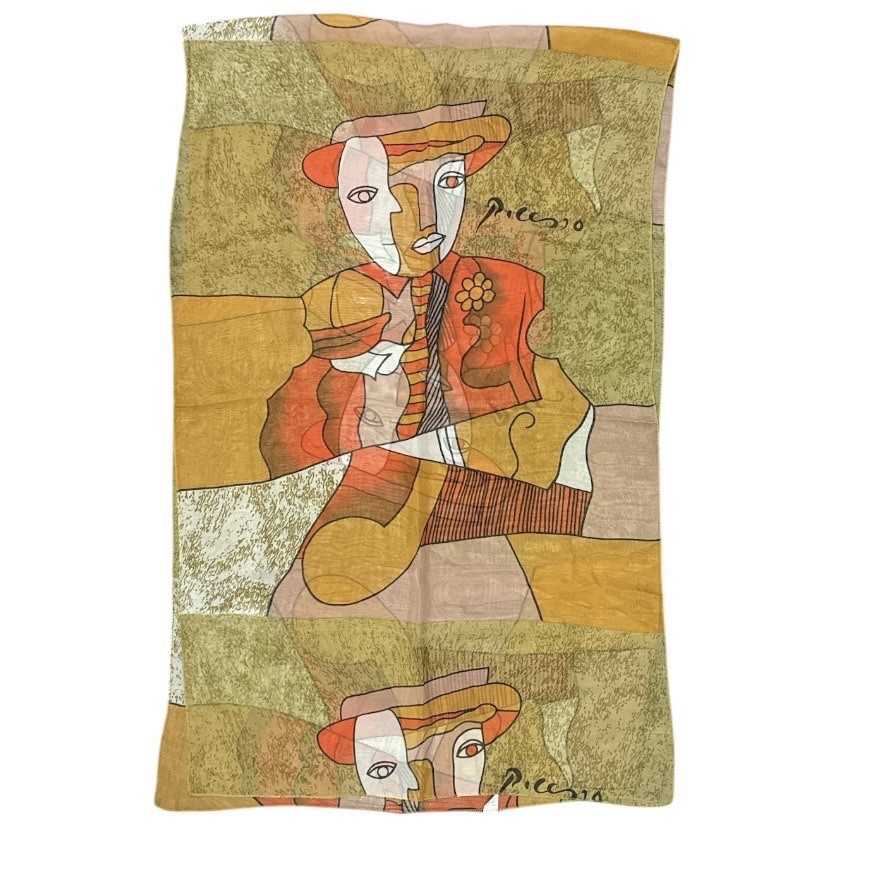 Vintage Picasso Art To Wear Cubist Scarf Wrap Abstract Shawl 64” X 20” Orange