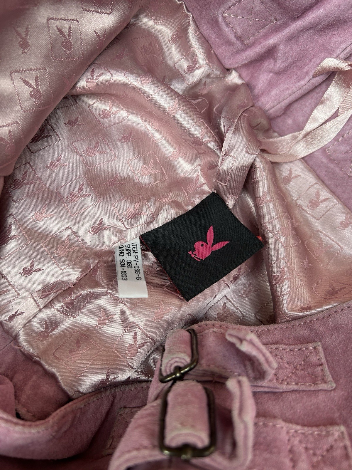 Vintage Playboy Pink Suede Bunny Head Logo Mini Wrap Skirt Buckled Detail Sz 10