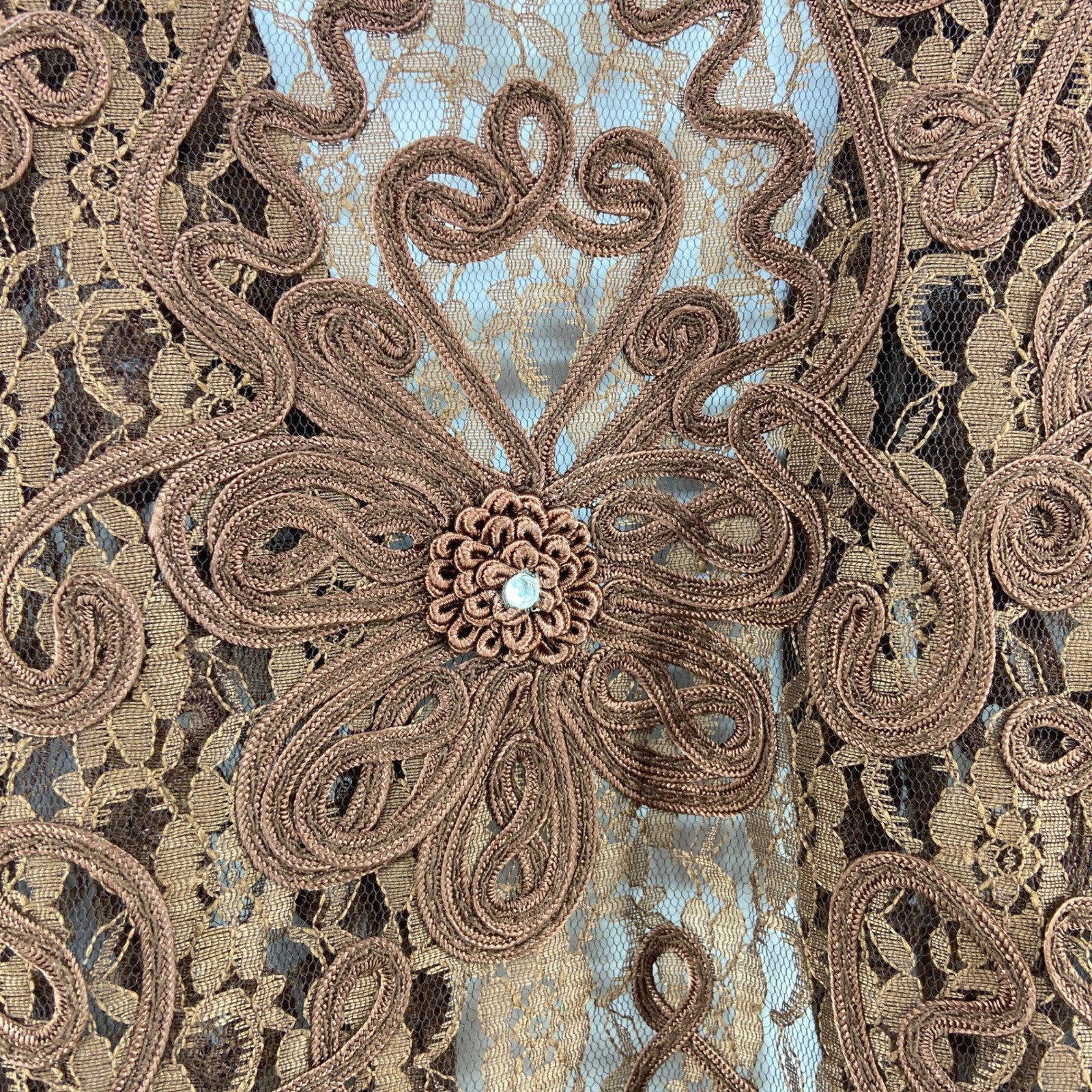 Pretty Angel Brown Silk Lace Long Sleeve Wide Collar Blouse Womens Medium