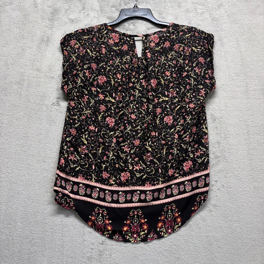 Pink Rose Top Womens Medium Black Floral Cap Sleeve Pullover Bohemian