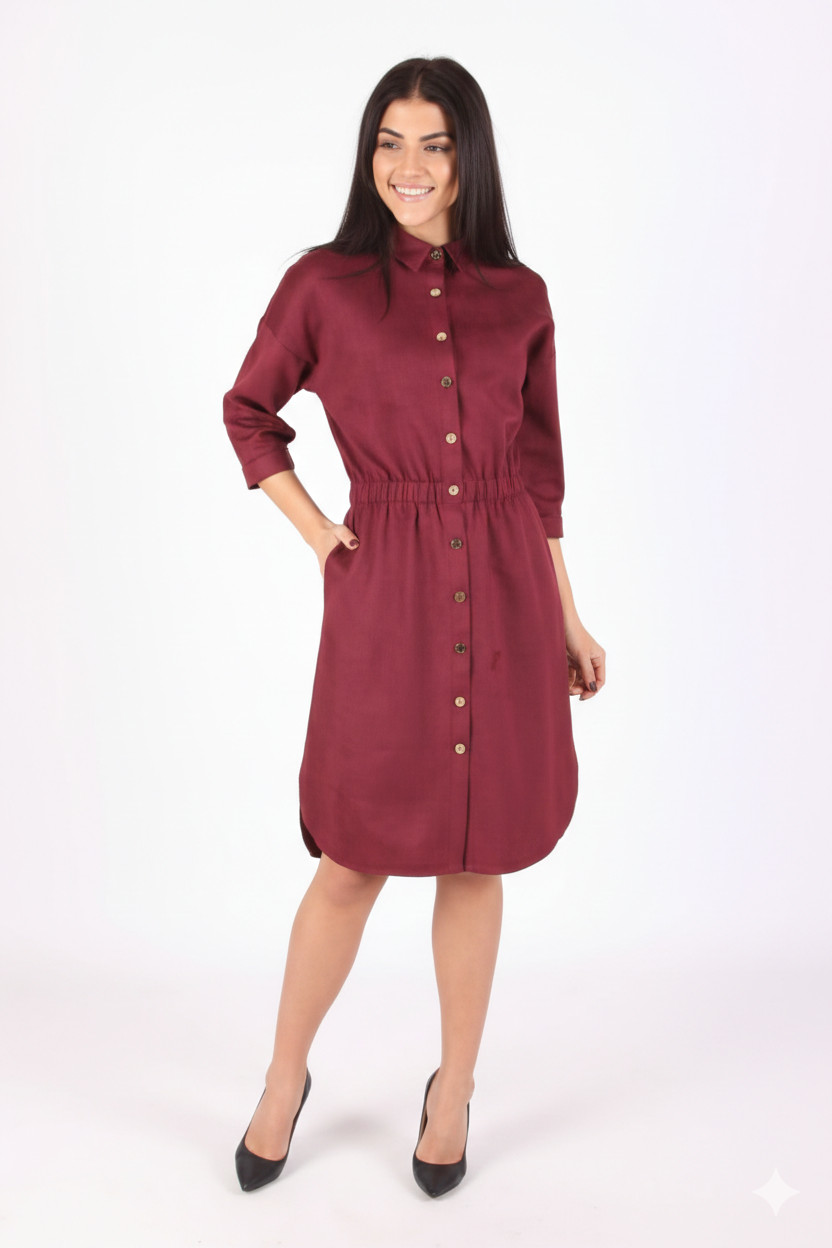 Burgundy Linen Midi Shirt Dress Women’s Summer Casual Collared Button Down Dress
