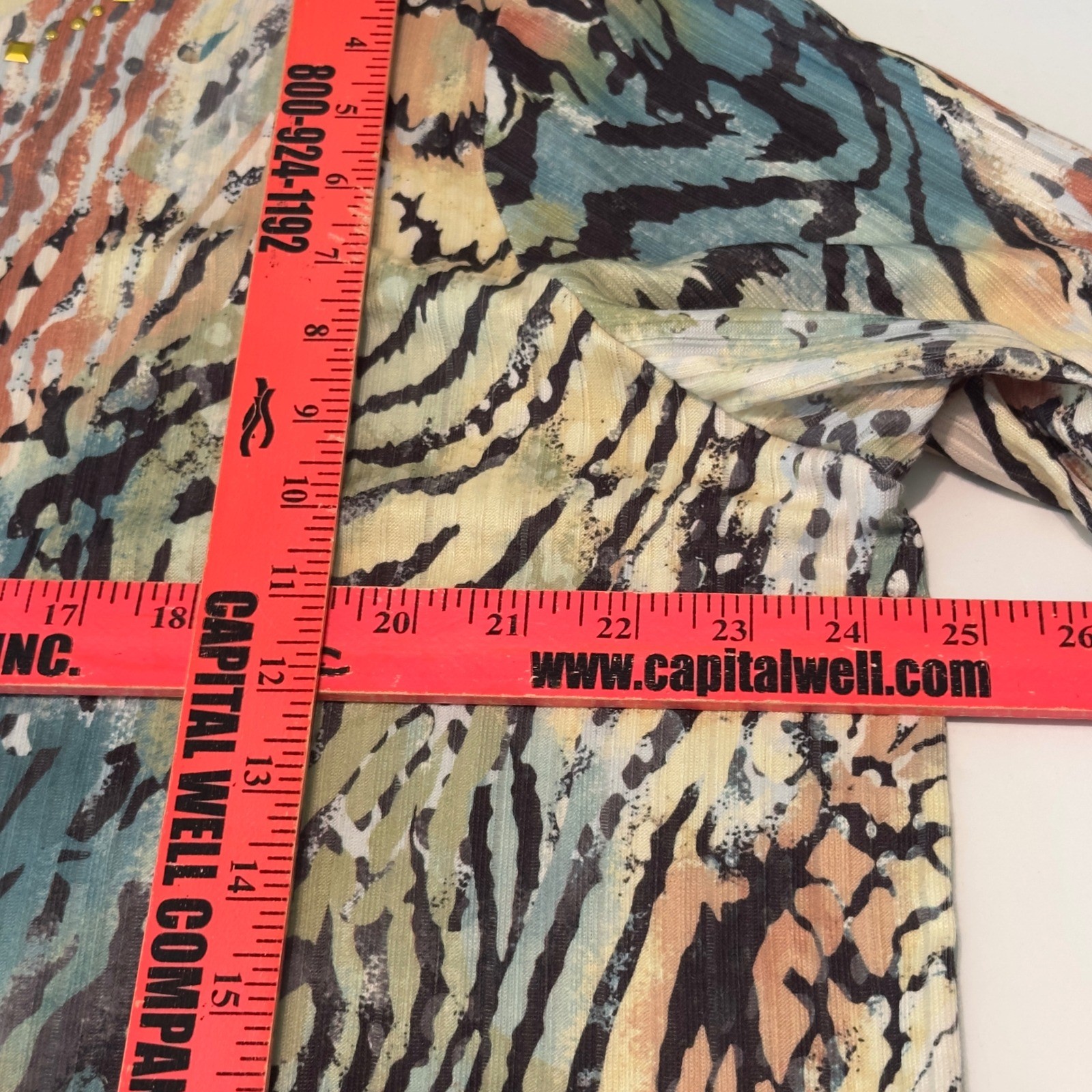 Alfred Dunner XL Abstract Animal Print Studded Neck 3/4 Sleeve Ribbed Knit Top