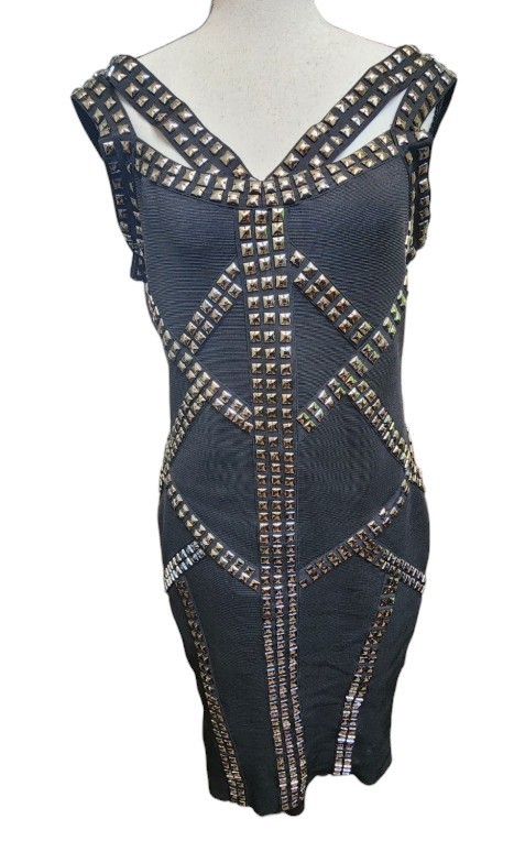 Wow Couture Gold Label Black Studded Bandage Dress Size Large Bondage Goth Punk