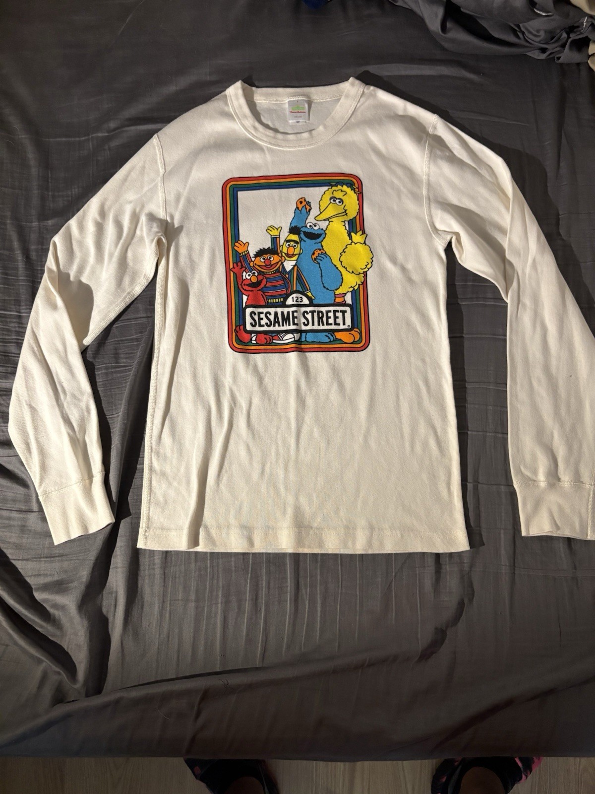 Hanna Andersson Men’s S White Sesame Street Graphic Tee Long Sleeve Crew Neck
