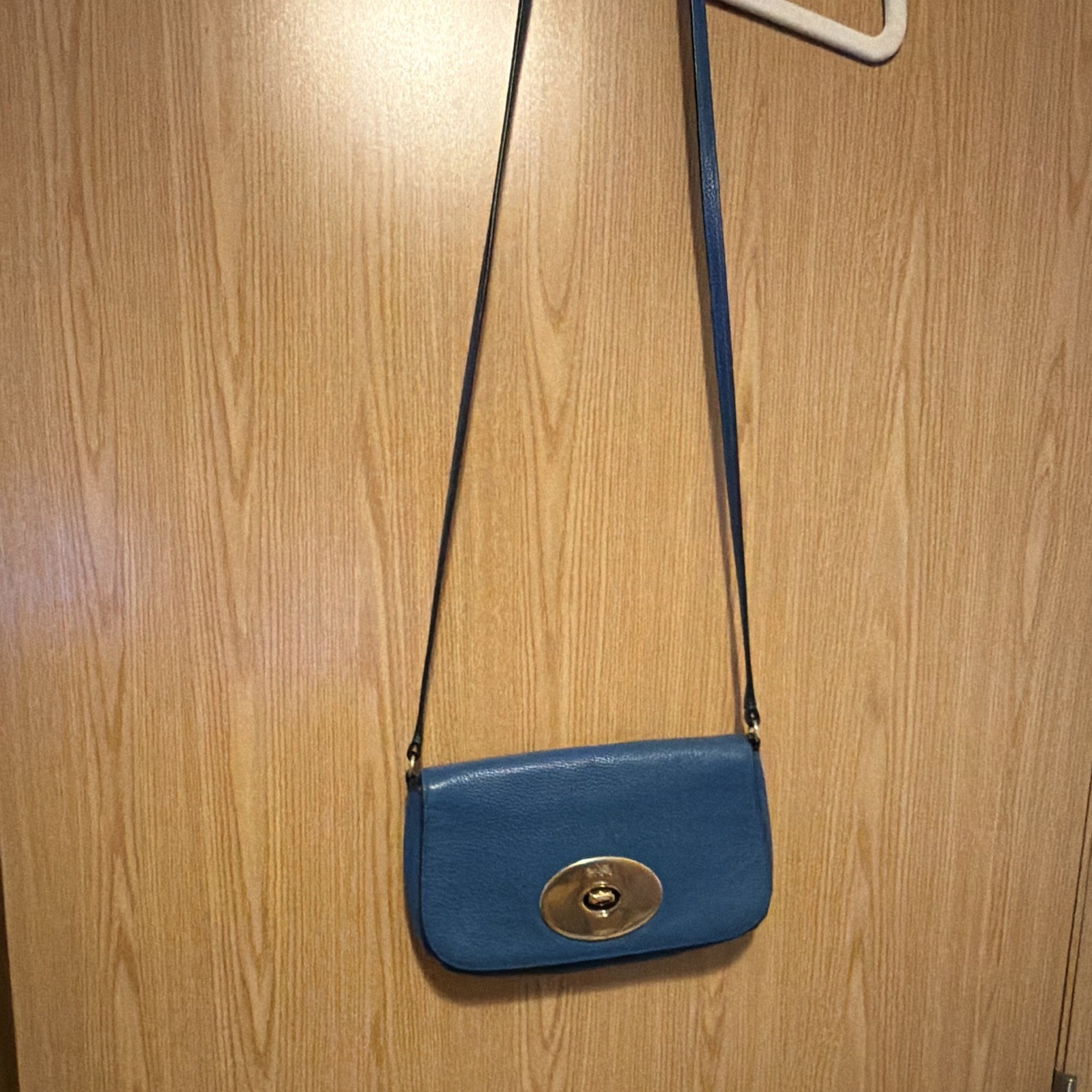 Coach Blue Pebbled Crossbody Bag Turn Lock Closure Gold Hardware Buckle Accent