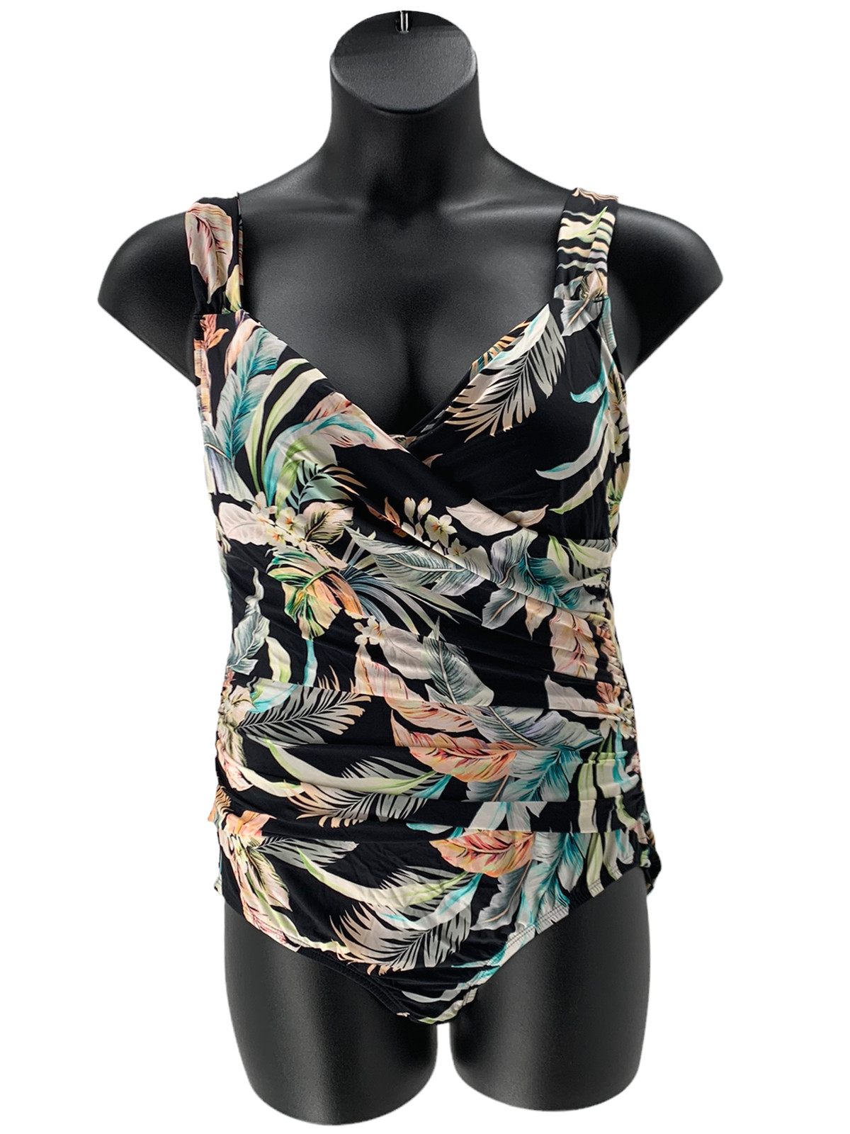 Jantzen Solid Surplice Maillot One- Piece Swimsuit Black Cabana