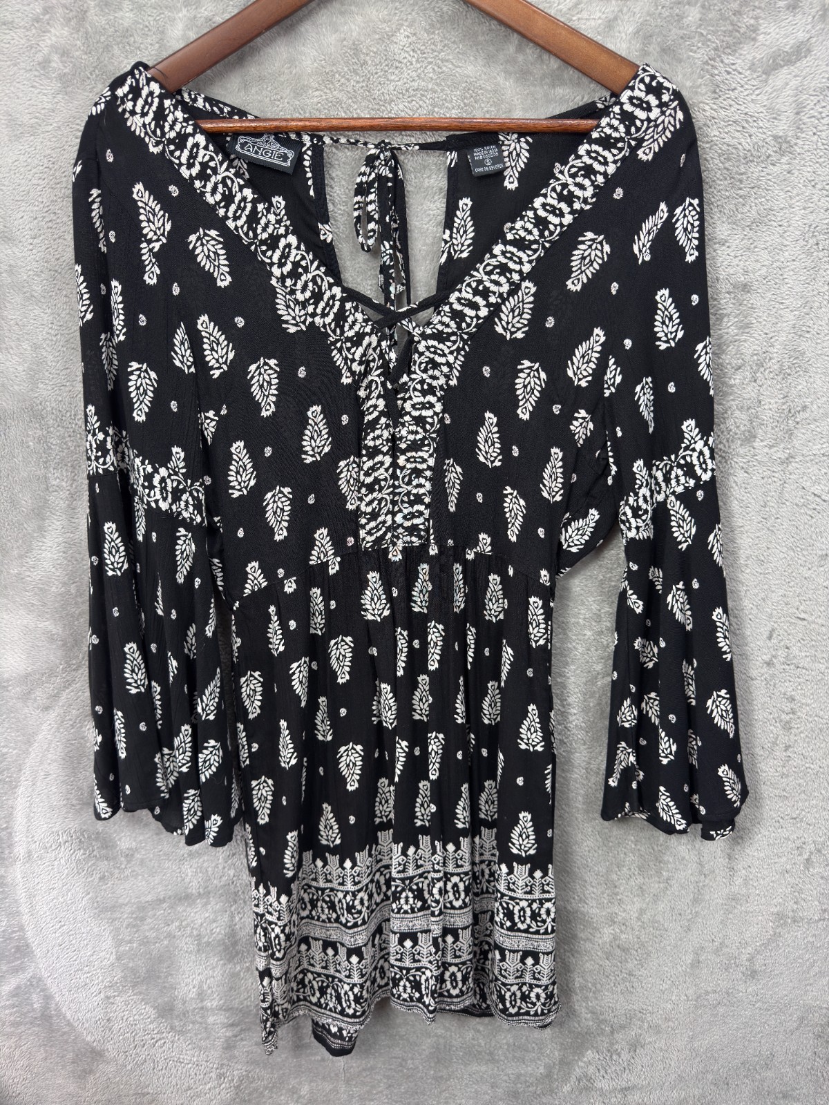 Angel Paisley Mini Dress S Flare Sleeve Boho Witchy Whimsigoth Flowy Festival