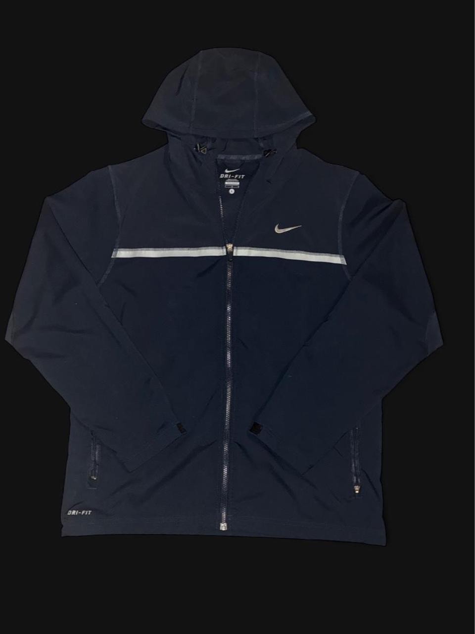 Nike Dri-FIT Mens Sz L Navy Hooded Full Zip Windbreaker Gray Reflective Stripe