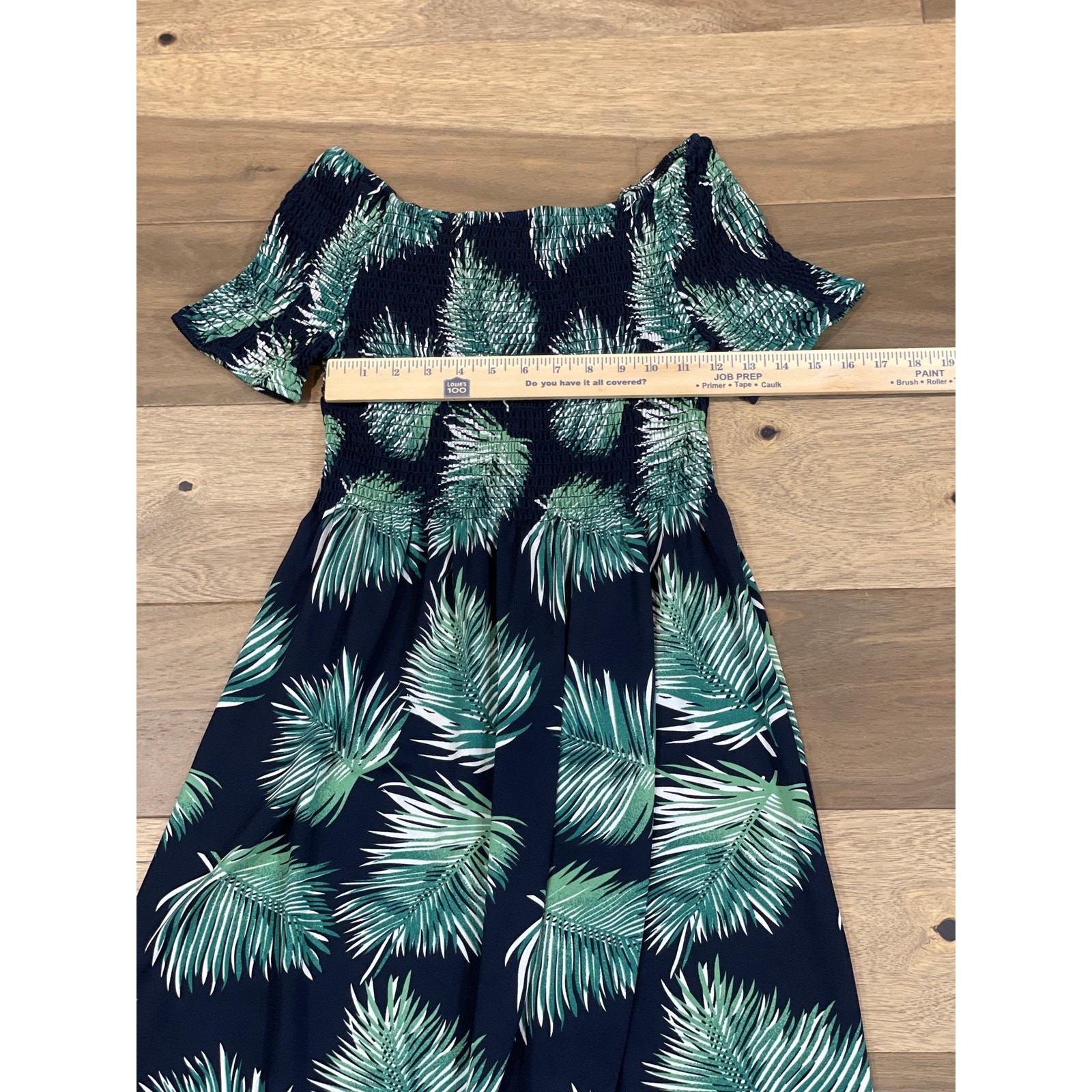 Seven Islands Size L Navy Blue Maxi Dress Green Tropical Leaf Print Short Sleeve