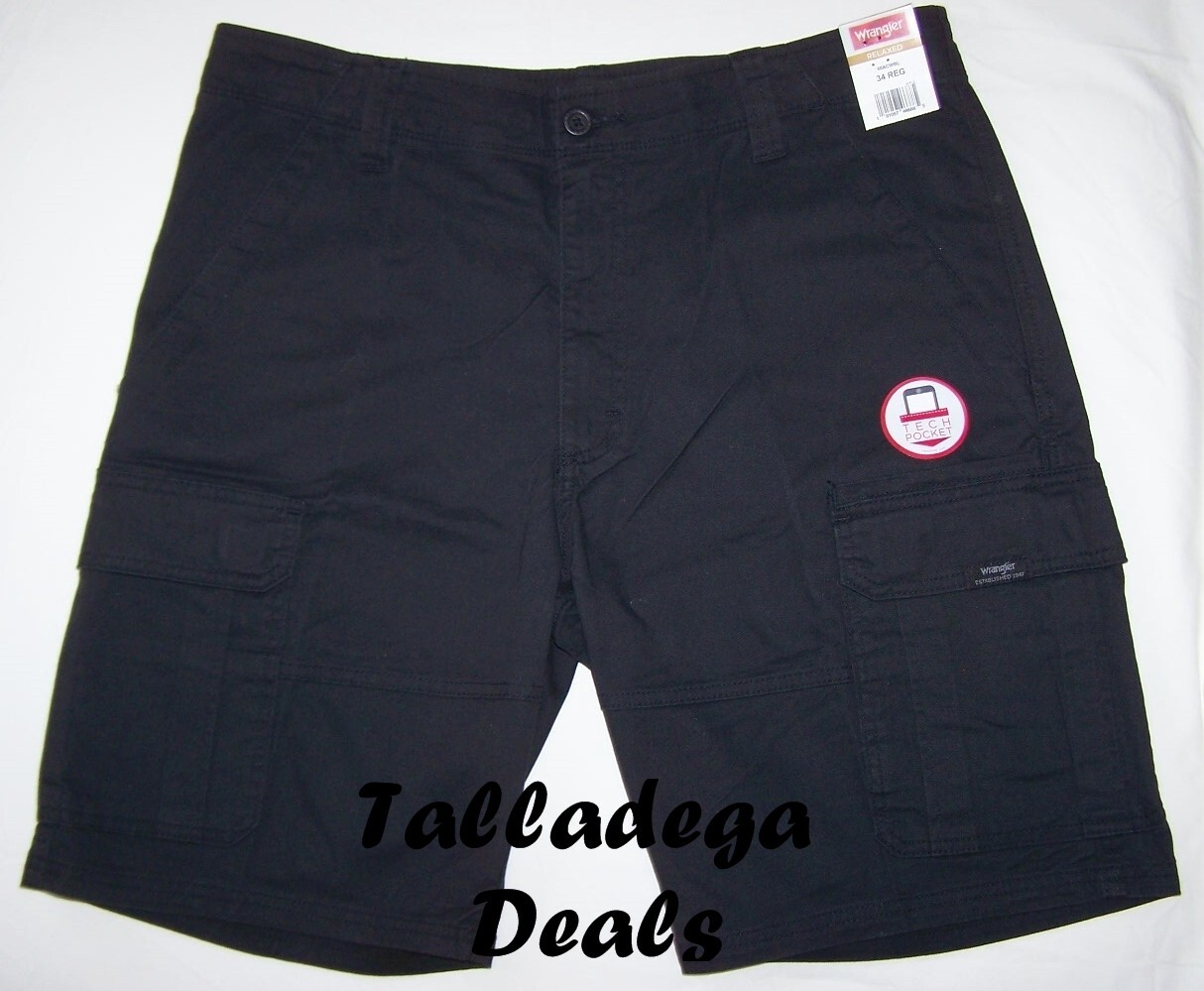 Men’s Wrangler Black Cargo Shorts w/ Stretch Relaxed Fit Tech Pocket ALL SIZES