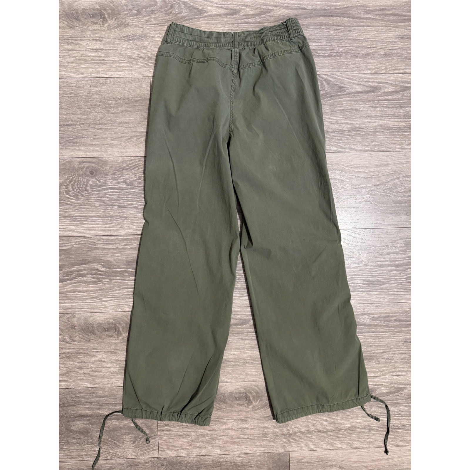Girls Olive Green Wide Leg Cargo Pants D-Ring Drawstring Size 10 Hiking Y2K