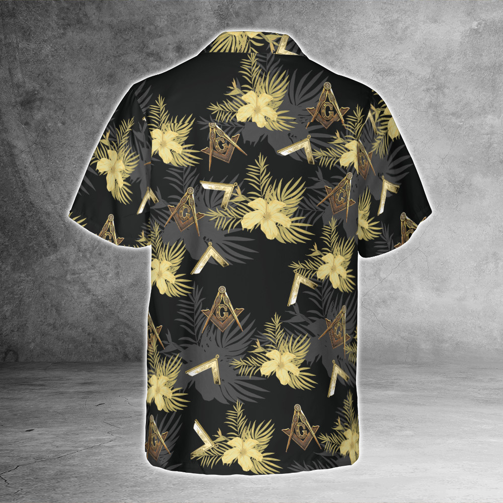 Golden Masonic Square Compass White Hibicus Royalty 3D Hawaiian Shirt Size S-5XL