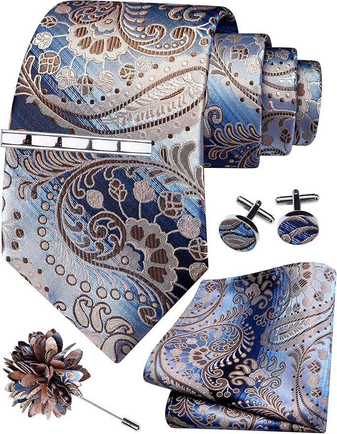 Tie Set For Men Necktie And Pocket Square Tie Clip Cufflinks Lapel Pin Sets 5PCS
