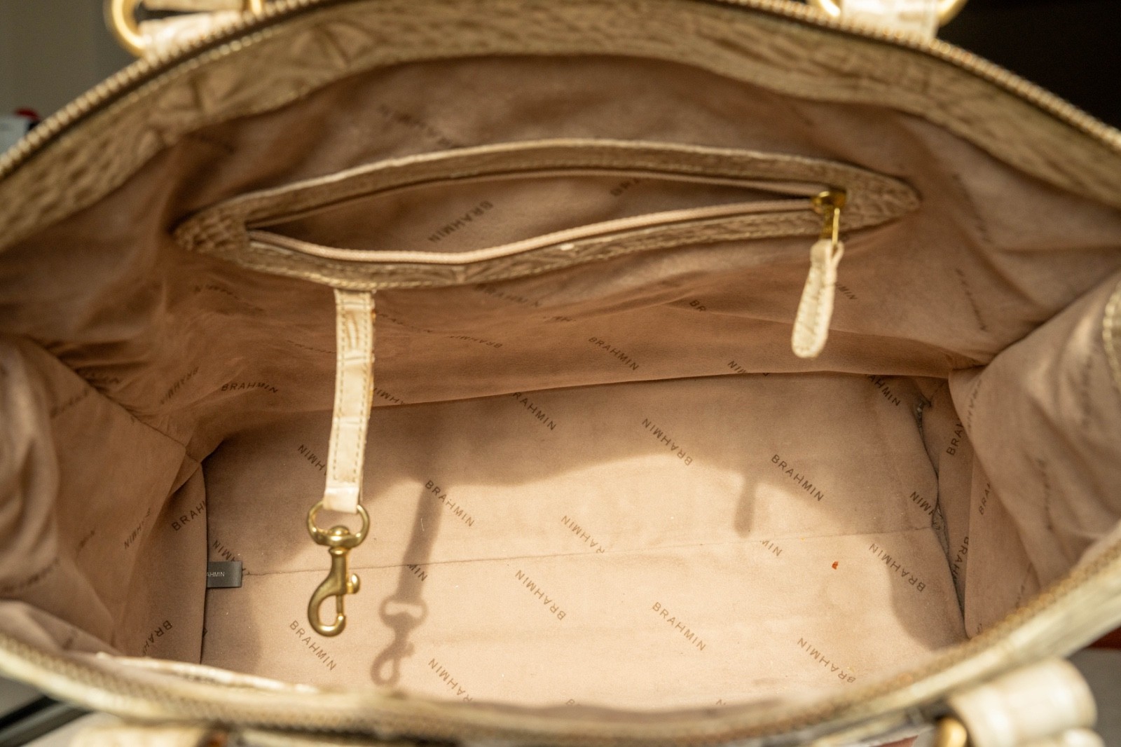 Brahmin Medium Arno Tote Croc Embossed Patent Leather White/Off White
