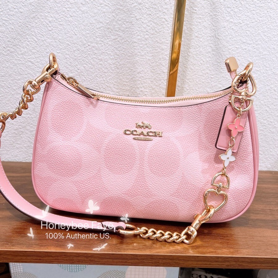 NWT Coach Teri Shoulder Bag In Signature CAL51 Powder Pink plus extended chain