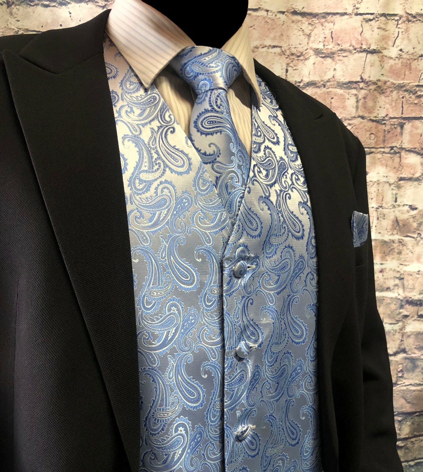 Light Blue XS to 6XL Paisley Tuxedo Suit Dress Vest Waistcoat & Neck tie Hanky