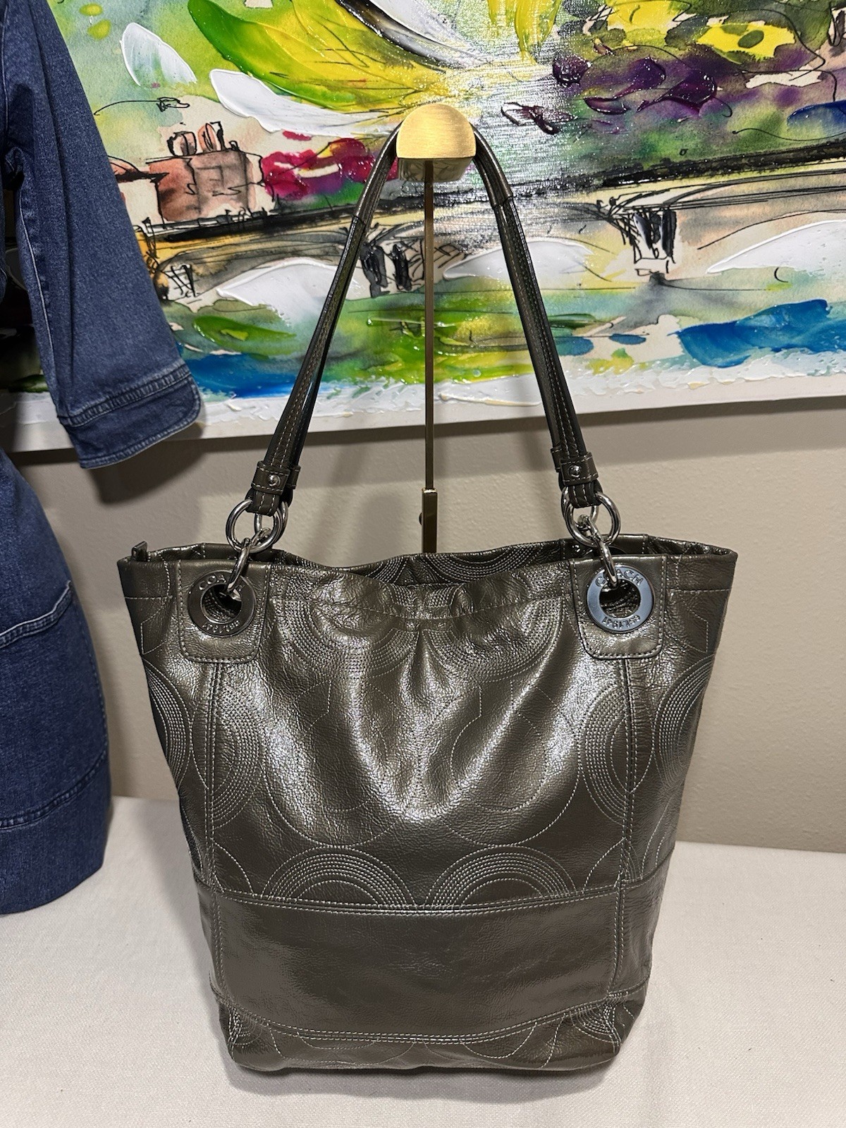 COACH ALEX Stitched Green Patent Leather Shoulder Tote Purse Bag 14265