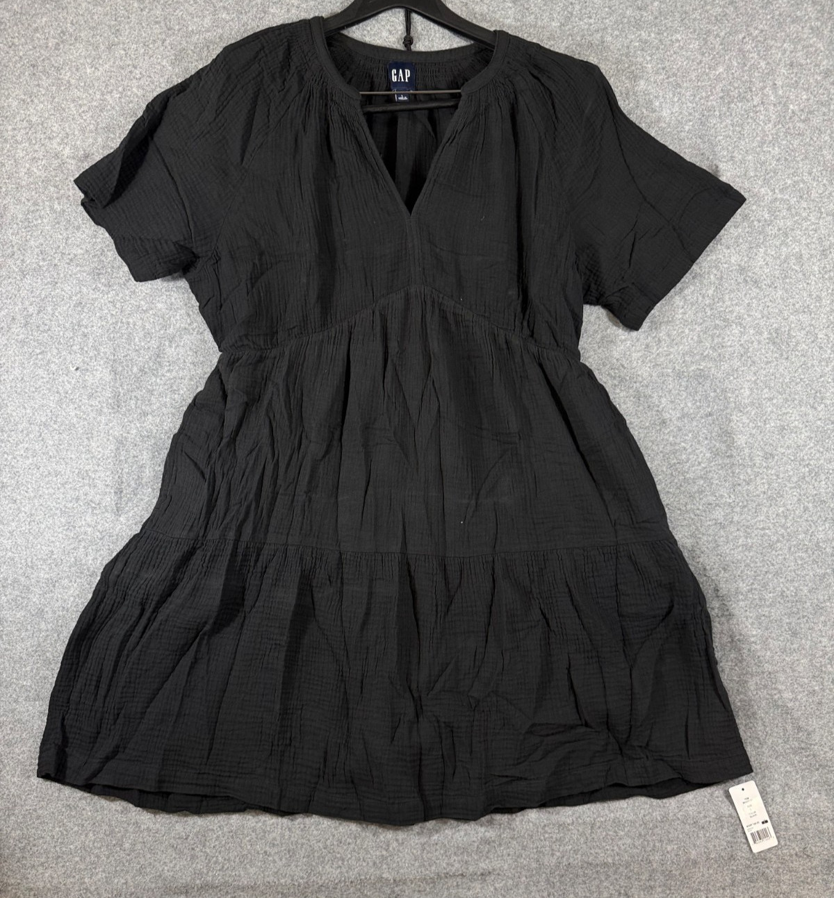 Gap Gauze Crinkle Dress Womens L Black Soft Cotton Relaxed Fit Short Sleeve NWT