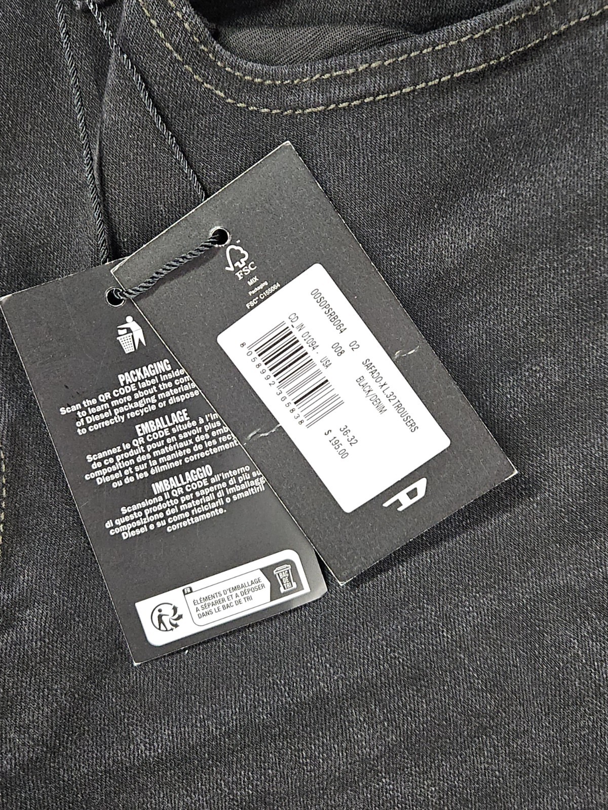 Diesel Safado Straight Jeans Men’s 36×32 Black Stretch Button Fly NWT