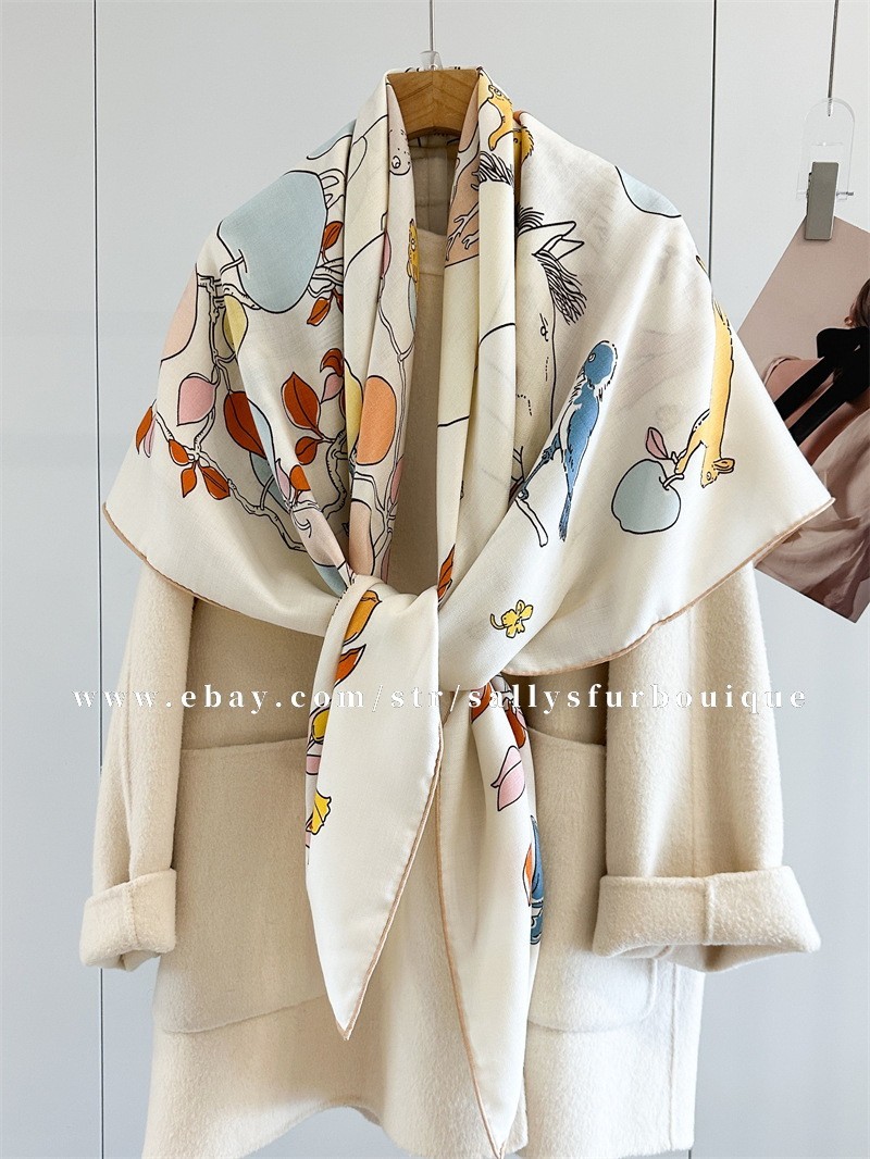 Sallys 70% Cashmere 30% Silk Wrap Scarf Apple Trees Print 2 Face Shawl 53″ Cream