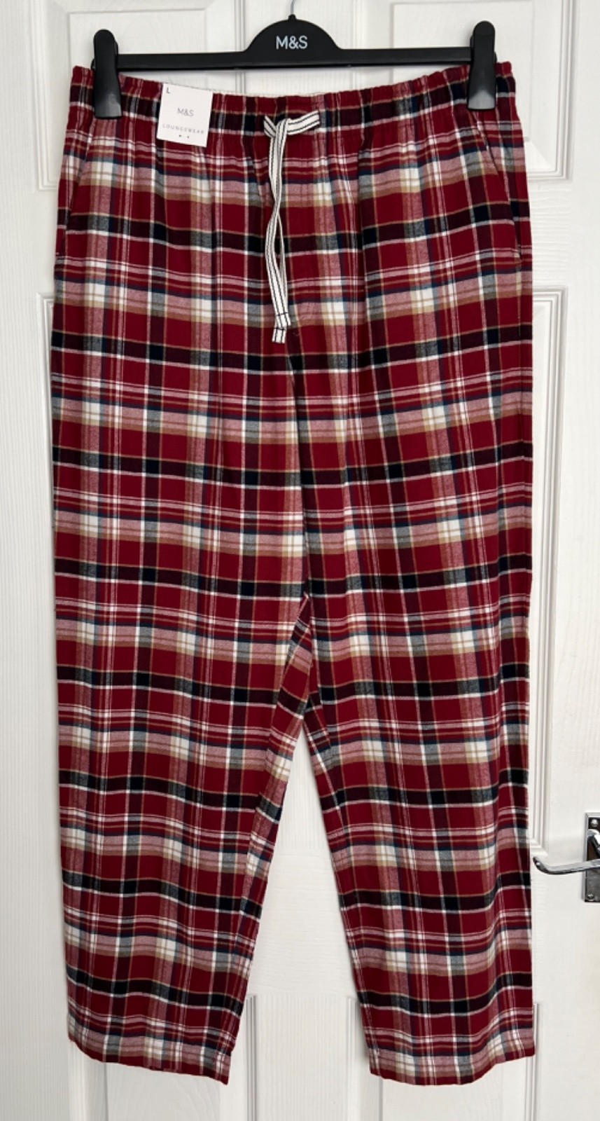 NEW M&S Mens Red Check Pure Cotton Checked Pyjama Bottoms Size L (waist 36-38”)