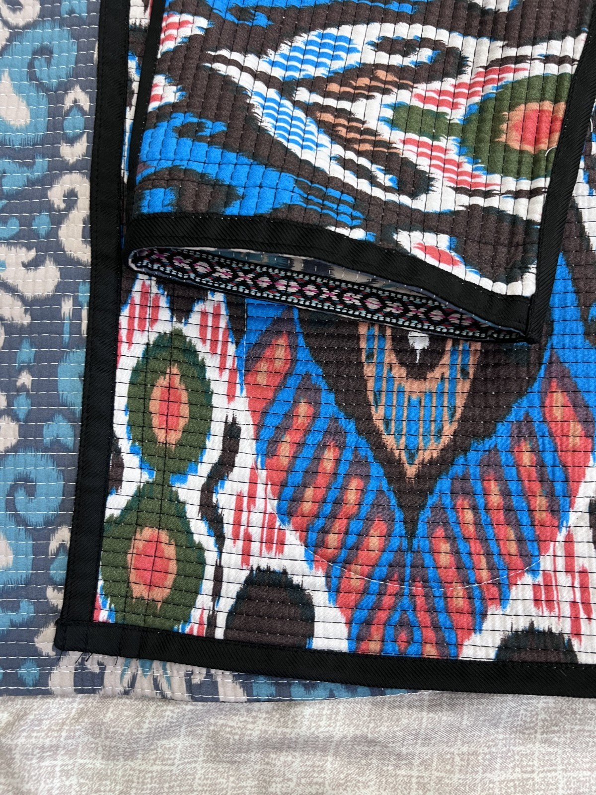 Handmade Reversible Women’s Boho Open Front Cardigan Blue Tribal Print Pockets