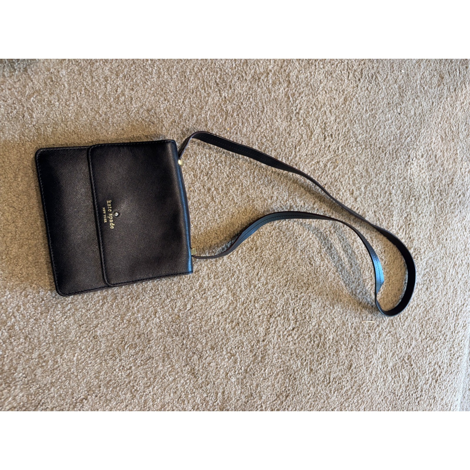Kate Spade New York Black Saffiano Leather Crossbody Bag Polka Dot Lining Purse