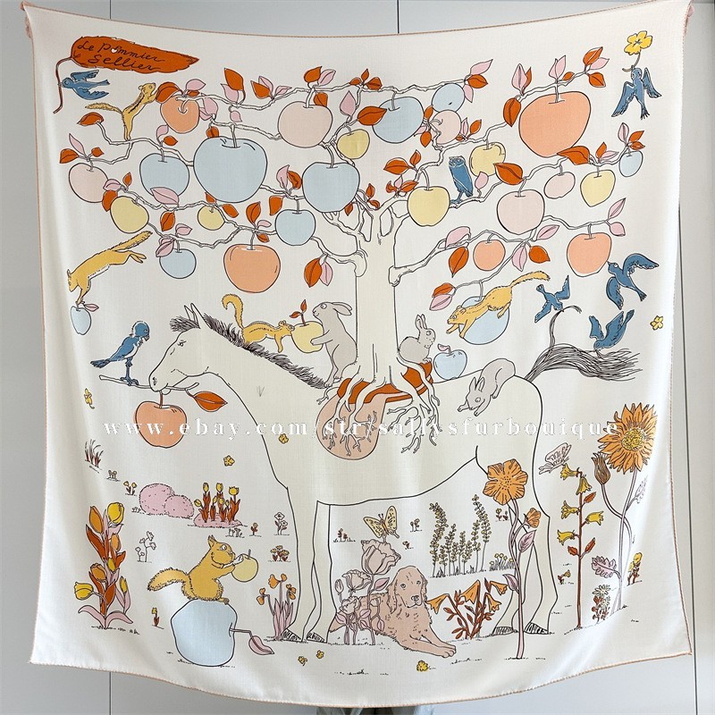 Sallys 70% Cashmere 30% Silk Wrap Scarf Apple Trees Print 2 Face Shawl 53″ Cream