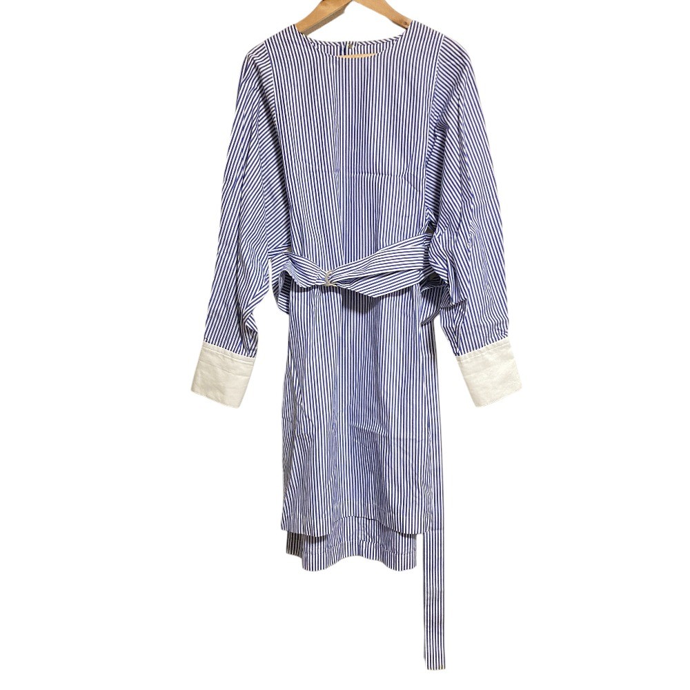 MACPHEE Belted Collarless Striped Long Shirt, Size 36, Blue Women USED