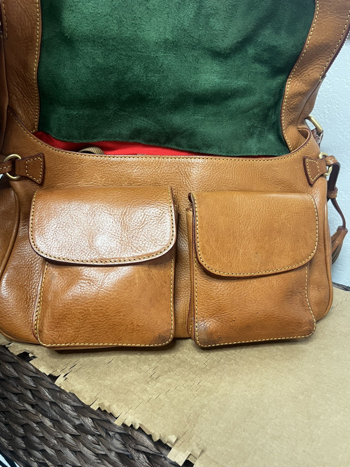 Dooney Bourke Brown Florentine Vacchetta Leather Saddle Messenger Bag Vintage