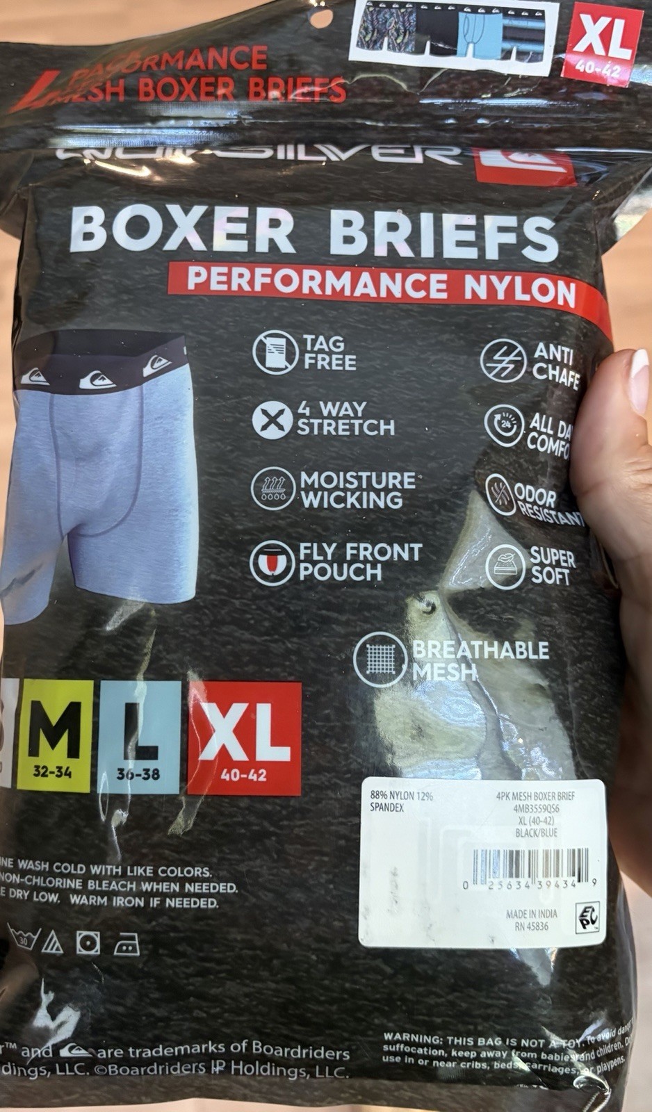 NEW QUICKSILVER Men’s 4 Pack Performance Nylon Boxer Briefs Fly Front SZ XL