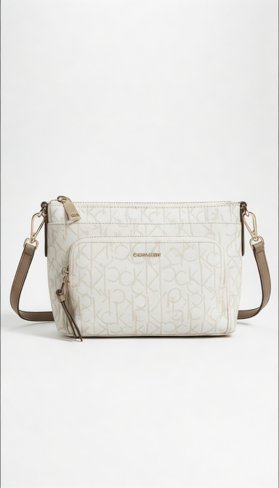 Calvin Klein Monogram Logo Zip Top Womens Swing Bag, Almond Caramel 2021