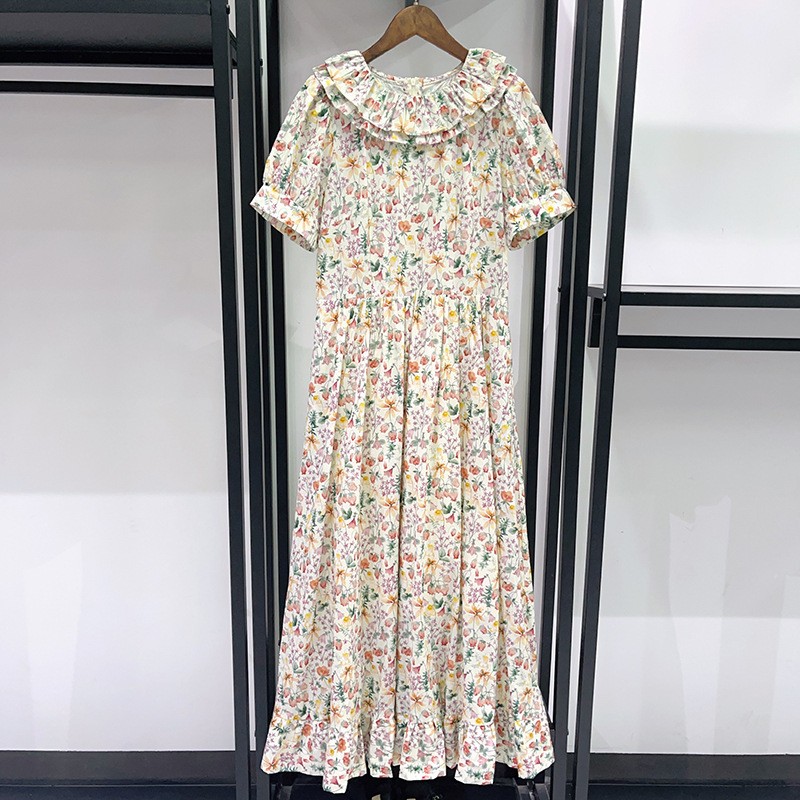 DOEN Floral Print Dress – Ruffle Neck Layered Ruffle Hem Puff Long Sleeve